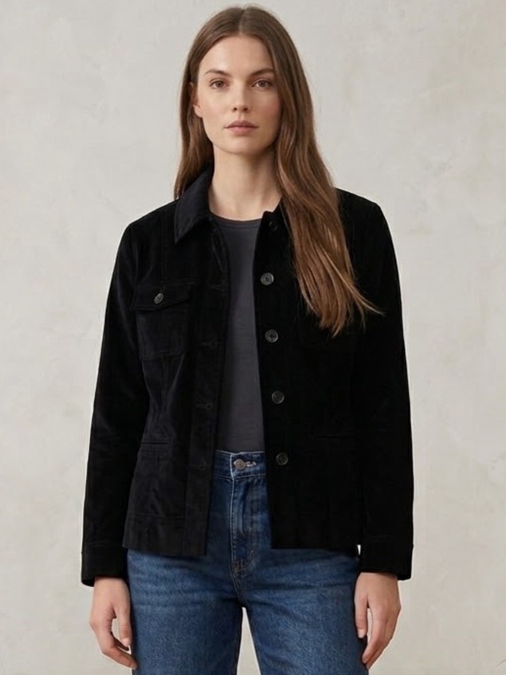 Black Velveteen Utility Cargo Jacket | Stretch Cotton Button Front Size 8